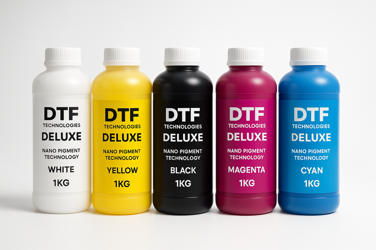 Create an image of DTF Ink with color White, Yellow, Black, Magenta and Cyan with the brand DTF Technologies Deluxe and uses nano pigment, volume weight is 1KG per bottle.